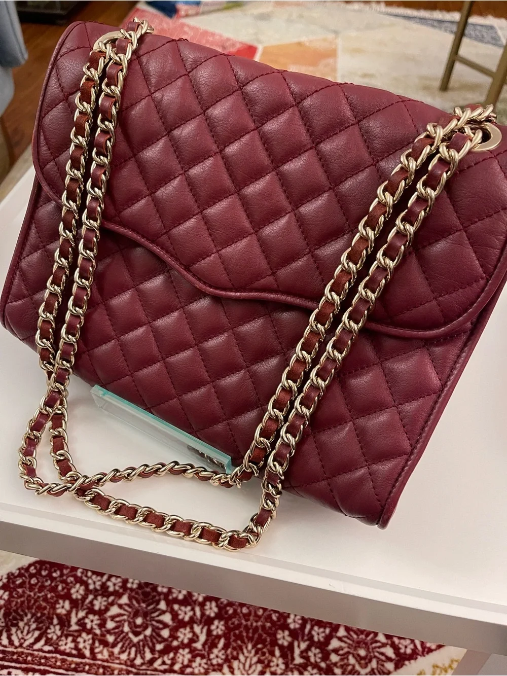 Rebecca Minkoff Quilted Shoulder Bag in Wine Red with Gold Chain